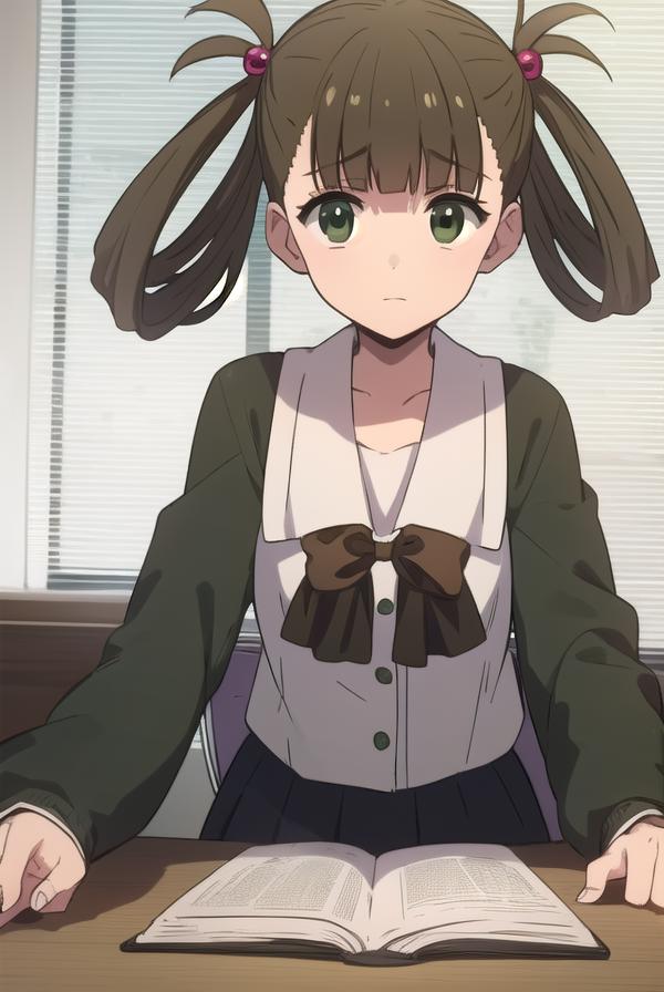 Anime girl sitting at a desk with a book in front of her - SeaArt AI