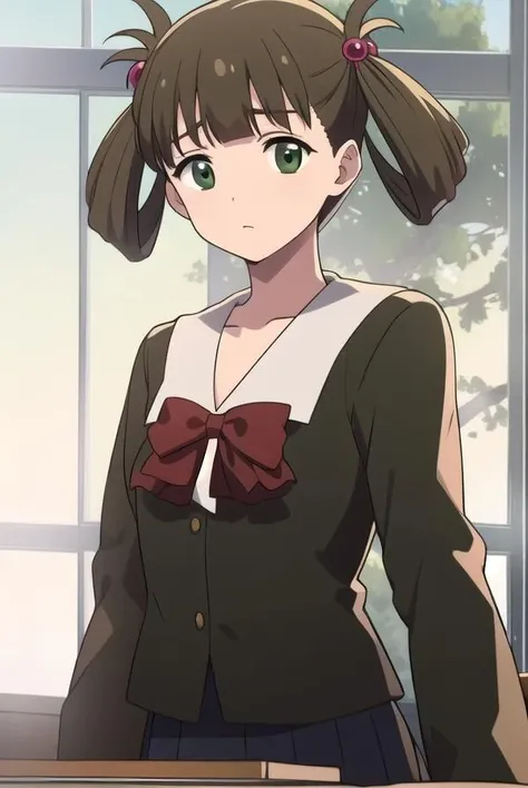 hikarikuroda, <lora:hikarikuroda-lora-nochekaiser:1>,
hikari kuroda, bangs, (brown hair:1.5), hair ornament, twintails, (green eyes:1.5), hair bobbles, hair rings,
BREAK school uniform, long sleeves, bow, red bow,
BREAK looking at viewer,
BREAK indoors, classroom,
BREAK <lyco:GoodHands-beta2:1>, (masterpiece:1.2), best quality, high resolution, unity 8k wallpaper, (illustration:0.8), (beautiful detailed eyes:1.6), extremely detailed face, perfect lighting, extremely detailed CG, (perfect hands, perfect anatomy),