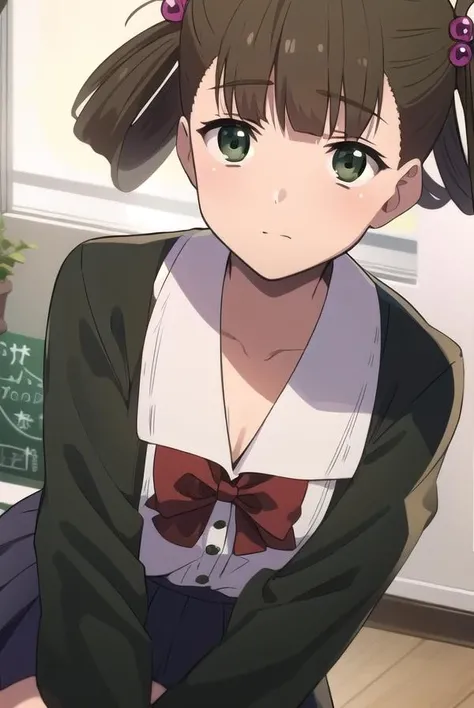 hikarikuroda, <lora:hikarikuroda-lora-nochekaiser:1>,
hikari kuroda, bangs, (brown hair:1.5), hair ornament, twintails, (green eyes:1.5), hair bobbles, hair rings,
BREAK school uniform, long sleeves, bow, red bow,
BREAK looking at viewer,
BREAK indoors, classroom,
BREAK <lyco:GoodHands-beta2:1>, (masterpiece:1.2), best quality, high resolution, unity 8k wallpaper, (illustration:0.8), (beautiful detailed eyes:1.6), extremely detailed face, perfect lighting, extremely detailed CG, (perfect hands, perfect anatomy),