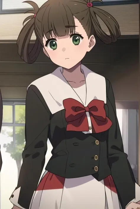hikarikuroda, <lora:hikarikuroda-lora-nochekaiser:1>,
hikari kuroda, bangs, (brown hair:1.5), hair ornament, twintails, (green eyes:1.5), hair bobbles, hair rings,
BREAK school uniform, long sleeves, bow, red bow,
BREAK looking at viewer,
BREAK indoors, classroom,
BREAK <lyco:GoodHands-beta2:1>, (masterpiece:1.2), best quality, high resolution, unity 8k wallpaper, (illustration:0.8), (beautiful detailed eyes:1.6), extremely detailed face, perfect lighting, extremely detailed CG, (perfect hands, perfect anatomy),