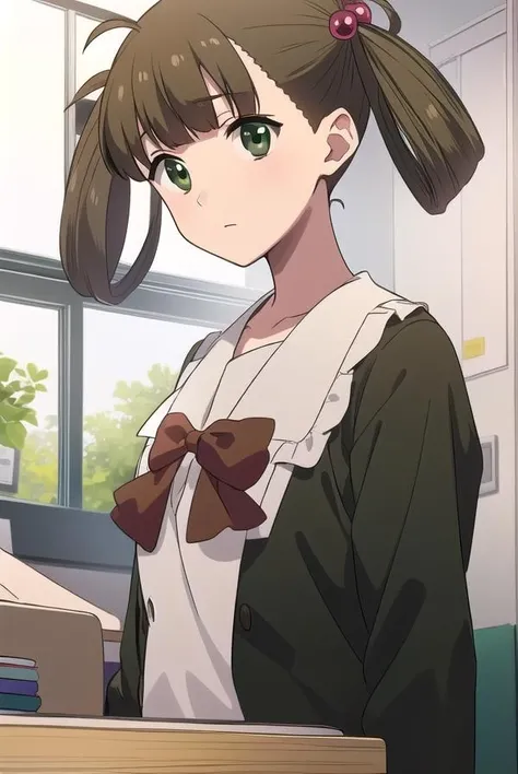 hikarikuroda, <lora:hikarikuroda-lora-nochekaiser:1>,
hikari kuroda, bangs, (brown hair:1.5), hair ornament, twintails, (green eyes:1.5), hair bobbles, hair rings,
BREAK school uniform, long sleeves, bow, red bow,
BREAK looking at viewer,
BREAK indoors, classroom,
BREAK <lyco:GoodHands-beta2:1>, (masterpiece:1.2), best quality, high resolution, unity 8k wallpaper, (illustration:0.8), (beautiful detailed eyes:1.6), extremely detailed face, perfect lighting, extremely detailed CG, (perfect hands, perfect anatomy),