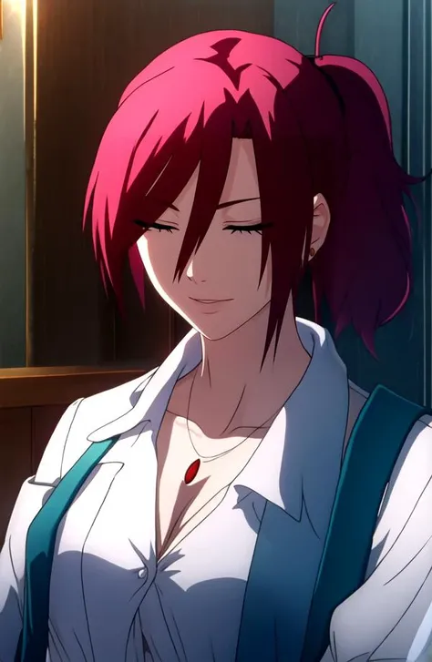 <lora:HonkaiSR-000005:0.8>,  <lora:aozaki_touko_karanokyoukai:1>
aozaki_touko_karanokyoukai, upper body, red hair, ponytail, jewelry, red_eyes, shirt, cleavage, indoors, smile, (one eye closed),