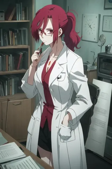 best quality, masterpiece, highres, solo, {aozaki_touko_karanokyoukai:1.15}, red_hair, ponytail, jewelry, red_eyes, 1girl, glasses, anime_coloring, labcoat