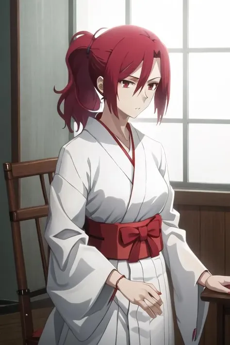 best quality, masterpiece, highres, solo, {white kimono:1.35}, {red hakama:1.35}, {wide sleeves:1.20}, {aozaki_touko_karanokyoukai:1.15}, red_hair, ponytail, jewelry, red_eyes