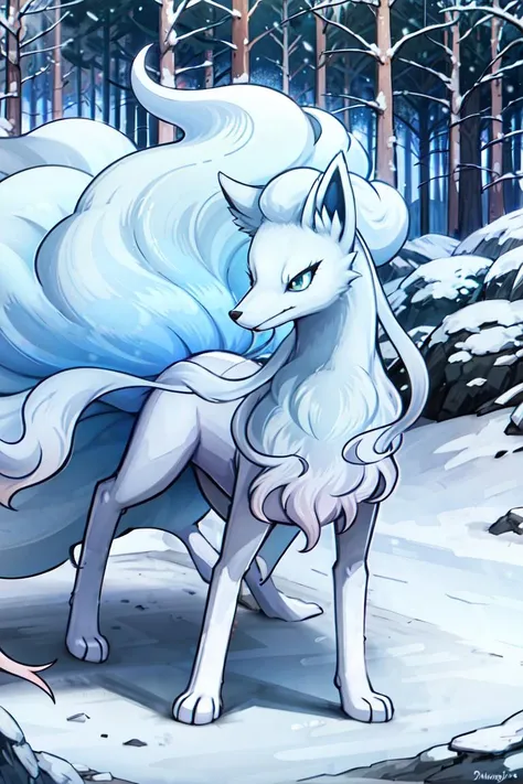 masterpiece,best_quality
alolan_ninetales,  pokemon (creature),blue eye
 <lora:AlolanNinetales_1v:0.7>,ALOLA_NINETALES,walking, 
forest,mountain, lake, snow, snowflakes, snowing