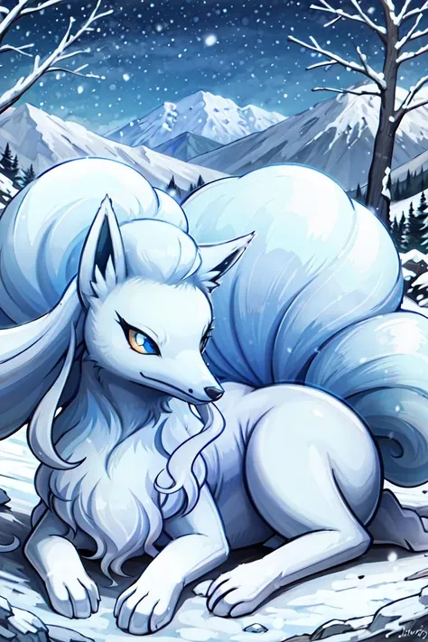 masterpiece,best_quality
alolan_ninetales,  pokemon (creature),blue eye
 <lora:AlolanNinetales_1v:0.7>,ALOLA_NINETALES,
forest,mountain, lake, snow, snowflakes, snowing