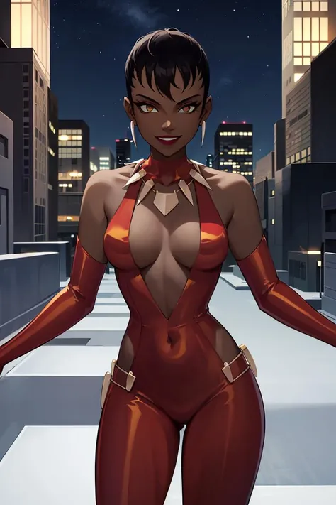 ((masterpiece,best quality)), absurdres,
<lora:Vixen_JLU:0.7>, Vixen_JLU, dark skin, 1girl,
solo, smiling, looking at viewer, cowboy shot,
night sky and city lights in background, cinematic composition, dynamic pose,