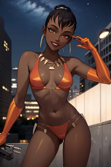 ((masterpiece,best quality)), absurdres,
<lora:Vixen_JLU:0.7>, Vixen_JLU, dark skin, 
solo, smiling, looking at viewer, cowboy shot,
night sky and city lights in background, cinematic composition, dynamic pose,