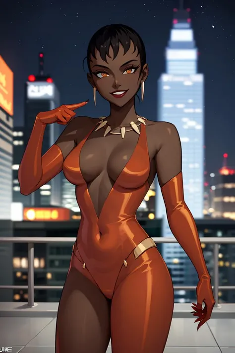 ((masterpiece,best quality)), absurdres,
<lora:Vixen_JLU:0.7>, Vixen_JLU, dark skin, 1girl,
solo, smiling, looking at viewer, cowboy shot,
night sky and city lights in background, cinematic composition, dynamic pose,