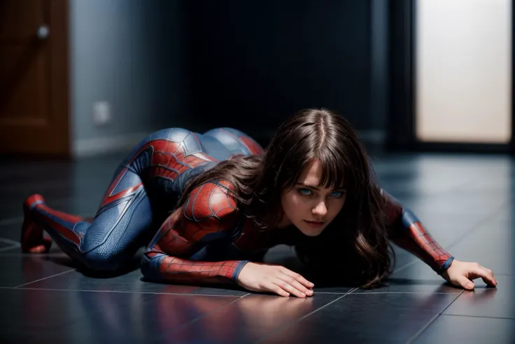 Marvel s,full body,photo of a 18 year old girl,spiderman,all fours,prostration,looking at viewer,blue eyes,ray tracing,detail shadow,shot on Fujifilm X-T4,85mm f1.2,depth of field,bokeh,motion blur,<lora:add_detail:1>,