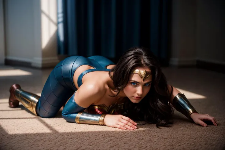 DC s,full body,photo of a 18 year old girl,wonder woman,all fours,prostration,looking at viewer,blue eyes,ray tracing,detail shadow,shot on Fujifilm X-T4,85mm f1.2,depth of field,bokeh,motion blur,<lora:add_detail:1>,