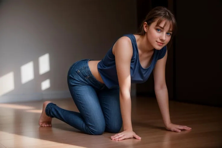 full body,photo of a 18 year old girl,all fours,prostration,happy,looking at viewer,blue eyes,shirt,pants,ray tracing,detail shadow,shot on Fujifilm X-T4,85mm f1.2,depth of field,blurry background,bokeh,motion blur,<lora:add_detail:1>,