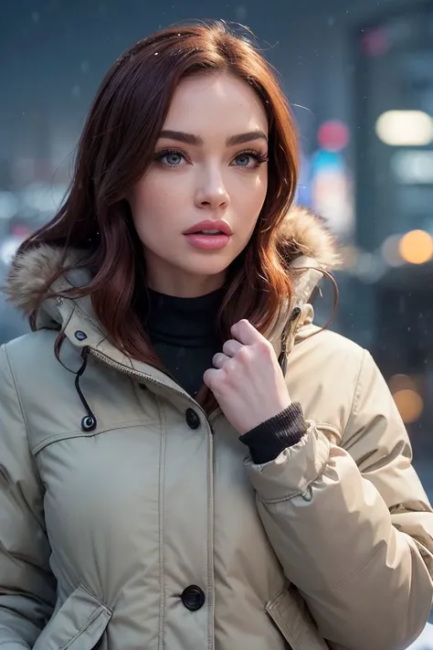 headshot of S226_LillyRae,a stylish woman,in a (snowy-city:1.1),wearing a (parka-coat:1.1),(cityscape:1.1),(8k, RAW photo, best quality, depth of field, ultra high res:1.1),(absurdres, intricate, photorealistic, masterpiece, ultra-detailed:1.2),