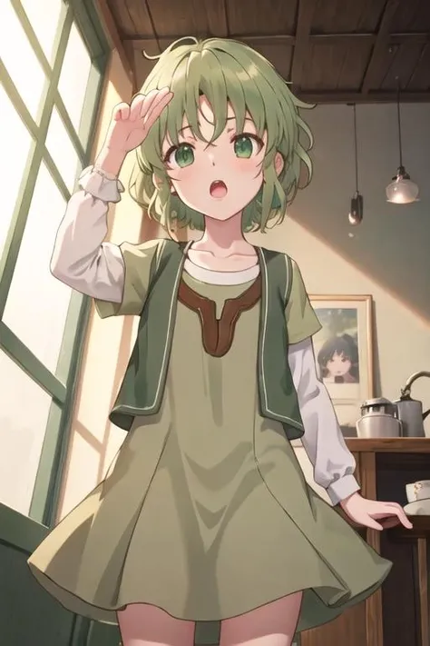 best quality, masterpiece, highres, solo, {tiat_sukasuka:1.15}, green_hair, green_eyes, short_hair, open_mouth