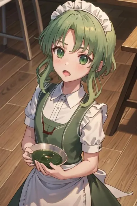 best quality, masterpiece, highres, solo, {maid:1.40}, {long maid dress:1.15}, {tiat_sukasuka:1.15}, green_hair, green_eyes, short_hair, open_mouth