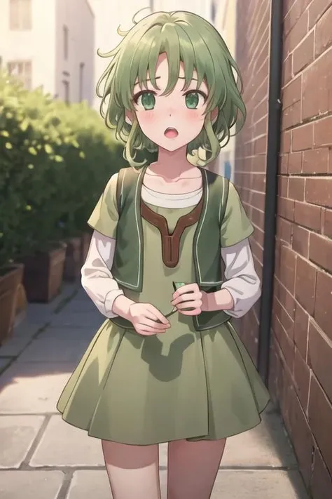 best quality, masterpiece, highres, solo, {tiat_sukasuka:1.15}, green_hair, green_eyes, short_hair, open_mouth, 1boy, 1girl, solo_focus, blush, sidelocks