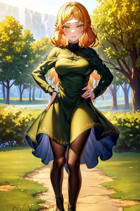 sui <lora:Sui_yesmix:0.9>, full body, standing, hand on hip, dress, pantyhose, black footwear, blonde hair, loose braid, beautiful face, green eyes, forest background, (masterpiece:1.2), best quality, absurdres, extremely detailed wallpaper, perfect lighting,