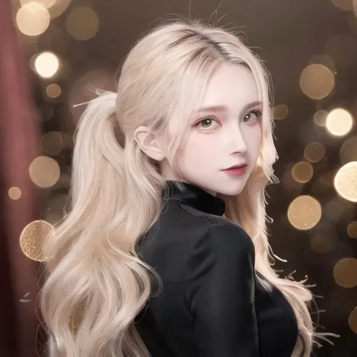(masterpiece, best quality:1.2), (face focus:1.4), back focus, from behind, blonde hair, long hair, high ponytail, long ponytail, red eyes, long eyelashes, thick eyelashes, looking at viewer, red dress, backless dress, gold trim dress, puffy sleeves, juliet sleeves, long sleeves, red sleeves, (black background:1.2), light particles, blurry, bloom, shiny hair, <lora:Add Detail:0.5>