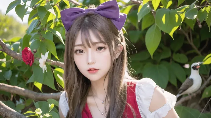1girl,hakurei reimu,bird,flower,hair tubes,solo,bow,hair bow,bird on head,brown hair,long hair,looking at viewer,animal on head,branch,on head,red bow,purple eyes,lips,