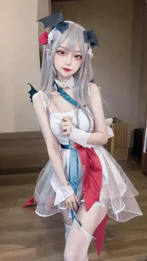 remilia scarlet,mob cap,blue hair,medium hair,fluffy hair,pointy ears,red eyes,collared dress,red ascot,red sash,elbow gloves,black pantyhose,red footwear,bat wings,remilia_scarlet_(koumajou_densetsu),solo,1girl,smile,short_hair,shirt,red_eyes,bow,blush,hat,ribbon,dress,hair_ornament,frills,blue_hair,jewelry,puffy_sleeves,short_sleeves,red_bow,wings,mob_cap,nail_polish,pink_eyes,flower,ascot,pantyhose,sidelocks,detached_sleeves,hat_ribbon,shoes,pointy_ears,grin,wrist_cuffs,bat_wings,sword,fingernails,white_headwear,black_pantyhose,high_heels,hat_bow,collar,fang,sash,black_gloves,choker,petals,white_dress,fingerless_gloves,polearm,lips,hair_flower,expressionless,frilled_sleeves,hat_flower,brooch,pink_dress,red_sash,armband,sharp_fingernails,frilled_dress,collared_dress,coat,wing_collar,red_footwear,spear_the_gungnir,long_fingernails,light_purple_hair,eyelashes,bridal_gauntlets,cross,clenched_teeth,<lora:ç䏿_西æ½å°éé¾V1:0.6>,