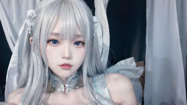 1girl,dark background,(((dim lighting))),silver hair,slit pupils,<lora:ç䏿_西æ½å°éé¾V1:0.4>,blue eyes,leak,portrait,hanfu,