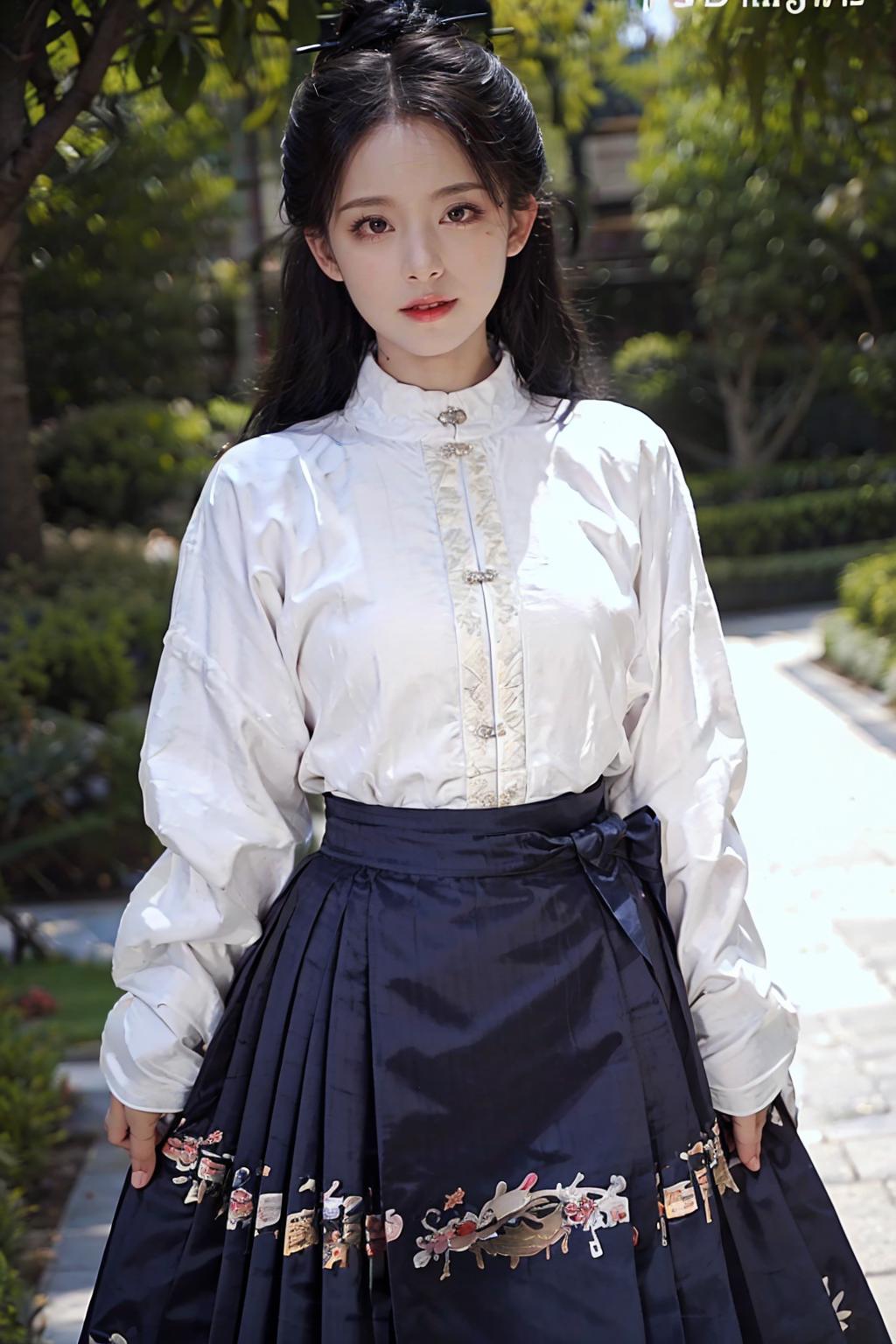 Arafed asian woman in a white shirt and blue skirt - SeaArt AI