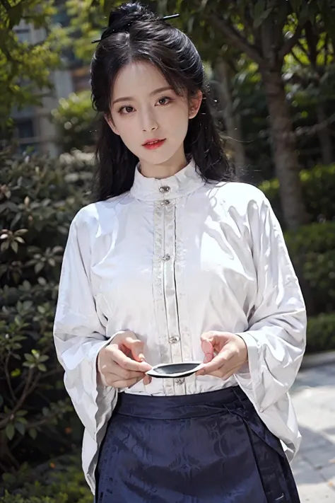 face lighting,bright backlight,(medium breasts:1.2),super high resolution,best quality,Photos,4k,(Realistic:1.2),solo,1girl,maqun,look at the camera,smile,slim figure,snow white skin,blue skirt,<lora:girl_20:0.8>,