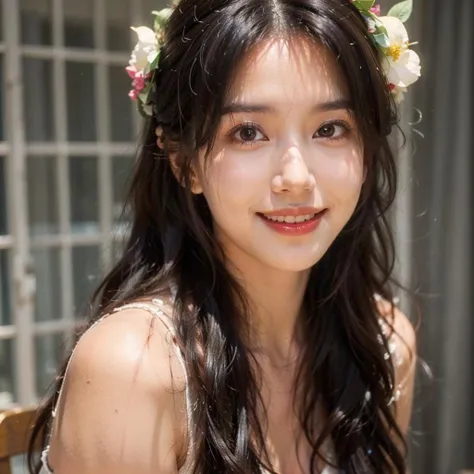 <lora:girl_10:0.8>,face lighting,bright backlight,medium breasts,super high resolution,best quality,Photos,4k,(Realistic:1.2),1girl,solo,realistic,long hair,flower,black hair,hair ornament,lips,hair flower,smile,brown eyes,upper body,
