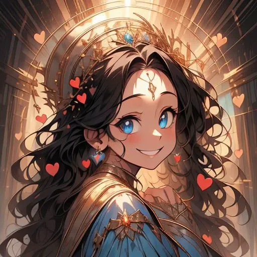 <lora:ETO_OC:0.5> ETO-OC,(masterpiece:1.4), high quality, detailed face, anime, best quality, detailed hands, detailed eyes, animation, illustration, highly detailed, perfect eyes, perfect face, thick, plump, curvy, chubby, (black hair:1.4), 1girl, <lora:plump-strong:1>, <lora:curly_hair_slider_v11:1.5>, <lora:perfetfingers:1>, <lora:hyperdenoiser_v090:0.6>, <lora:hyperrefiner_v090:0.6>, (happy:1.8), (looking at viewer:1.4), (smile:1.8), (hearts), (spoken heart), <lora:wrenchsfantasy-000016:1> wrenchsfantasy, fantasy, glowing, glowing eyes,  full display of baroque style jewelry design, a pair of earrings, blue gemstones, diamonds,