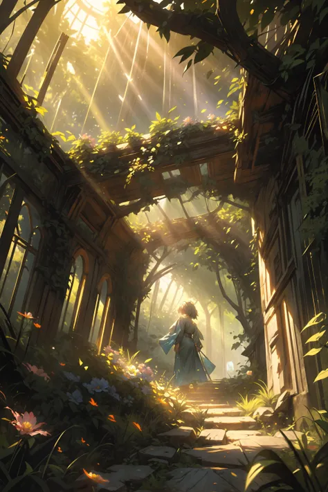 absurdres, highres, extremely detailed, best quality, high quality, Break, soft lighting, caustics, soft shading, Break, Ancient abandoned garden, overgrown stone arches, Break, Wide angle shot, overgrown path, painting, light rays, raytracing, flowers. distant adventurer, (from below)