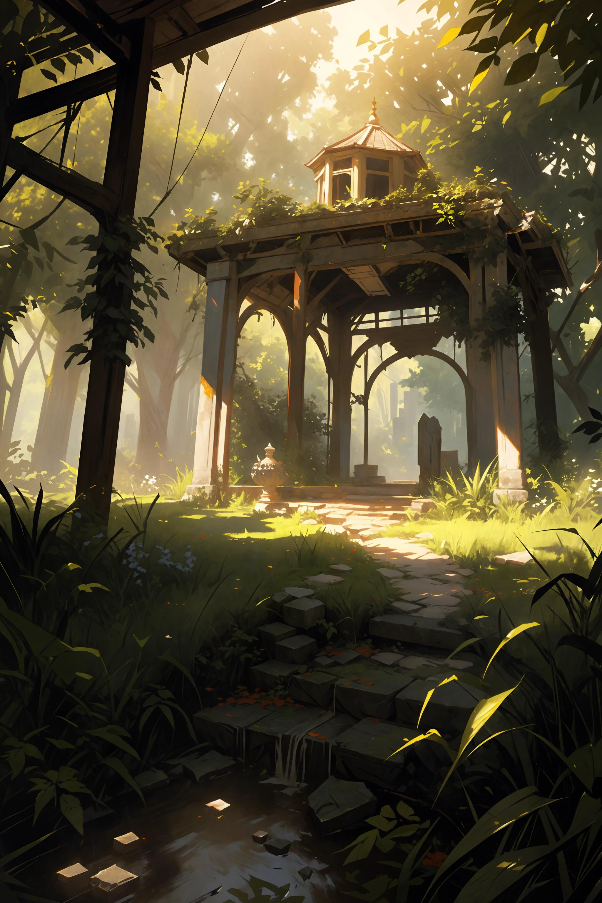 (absurdres, highres), extremely detailed, best quality, high quality, Break, soft lighting, caustics, soft shading, Break, Ancient abandoned garden, overgrown stone arches, overgrown pavilion, Break, Wide angle shot, overgrown path, painting,