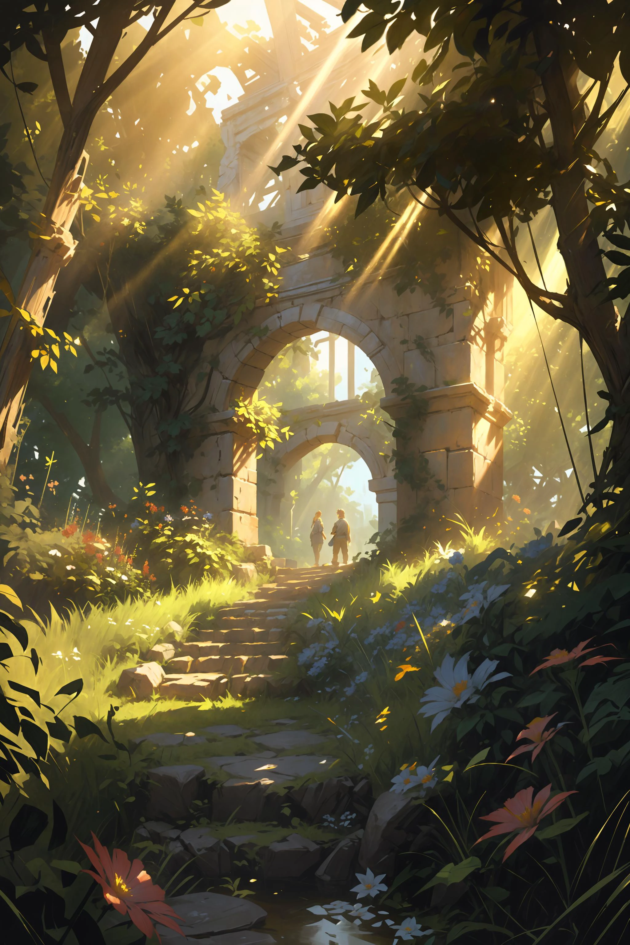absurdres, highres, extremely detailed, best quality, high quality, Break, soft lighting, caustics, soft shading, Break, Ancient abandoned garden, overgrown stone arches, Break, Wide angle shot, overgrown path, painting, light rays, raytracing, flowers. distant adventurer