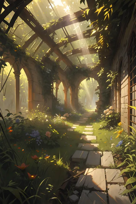 absurdres, highres, extremely detailed, best quality, high quality, Break,     soft lighting, caustics, soft shading, Break,    Ancient abandoned garden, overgrown stone arches, Break,    Wide angle shot, overgrown path, painting, light rays, raytracing, flowers