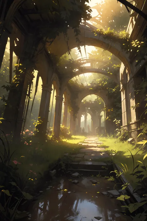 (absurdres, highres), extremely detailed, best quality, high quality, Break,     soft lighting, caustics, soft shading, Break,    Ancient abandoned garden, overgrown stone arches, overgrown pavilion, Break,     Wide angle shot, overgrown path, painting,