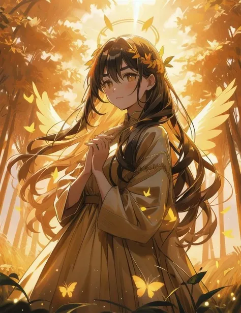 1girl, animal, autumn_leaves, bug, closed_mouth, dress, evening, eyebrows_visible_through_hair, fire, grass, hair_between_eyes, halo, interlocked_fingers, leaf, lens_flare, long_hair, multiple_wings, orange_sky, outdoors, own_hands_together, palm_tree, solo, sunlight, very_long_hair, wheat, yellow_butterfly, yellow_rose, yellow_sky