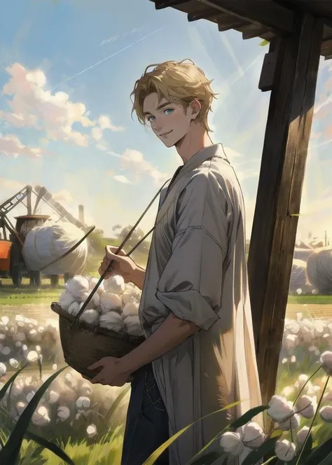 1boy, blond hair, blue eyes, crossed bangs, tall guy, (solo), pale smile, holding a large cotton bale, workwear, proud, bale tag and cotton buds, cotton farm with blue skies and grassy fields in the background