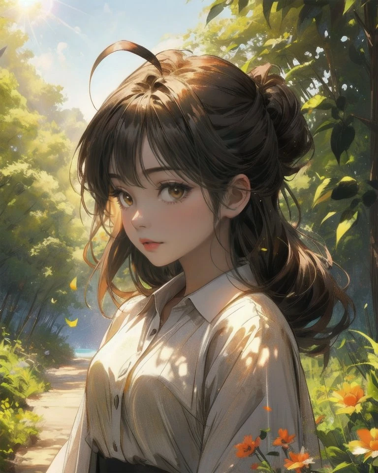 1girl, ahoge, nature on background, sunny weather, stylized