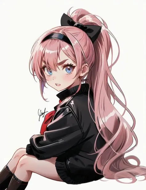 1girl, black jacket, blue eyes, bow, brooch, brown footwear, chibi, from behind, fur trim, hair over one eye, hairband, high ponytail, jewelry, long hair, looking at viewer, pink hair, red eyes, signature, sitting, solo, teeth, transparent background, uncensored, v-shaped eyebrows, white background