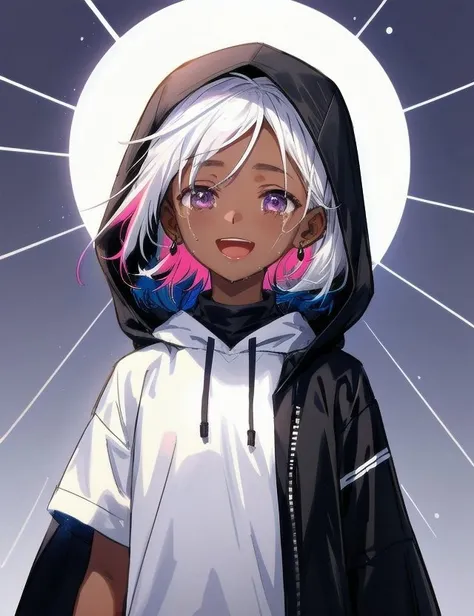 1girl, black jacket, blue sky, box, chibi, closed mouth, crying with eyes open, dark-skinned male, earrings, groin, hood up, knife, multicolored hair, open mouth, purple eyes, short sleeves, simple background, smile, solo, upper body, white background, white hair, white shirt