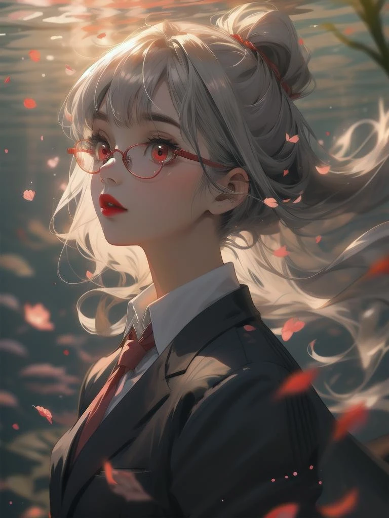 1girl, adjusting eyewear, bangs, red eyes, blurry, floating hair, grey hair, lipstick, looking up, petals, portrait, school uniform, shadow, solo, underwater