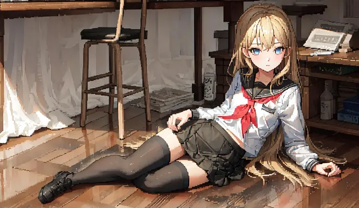 ((masterpiece, best quality)), a girl, solo, serafuku, thighhighs, skirt, lying, ribbon, upperbody, class room, indoors, shirt, neckerchief, school uniform, long hair, black thighhighs, looking at viewer, blue eyes, black serafuku, black skirt, red ribbon, long sleeves, pleated skirt, blonde hair, wood floor, black panty, <lora:animeLineartMangaLike_v30MangaLike:0.6>,<lora:LuisapPixelArtLORA_v1:1>