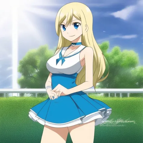 <lora:Rebeca_V1_XL:0.6>, Rebecca Bluegarden, blonde, 1girl, with an blue and white dress and skirt, anime, smile, hands on breasts, Hiro Mashima style, sfw, blue eyes, blue choker,