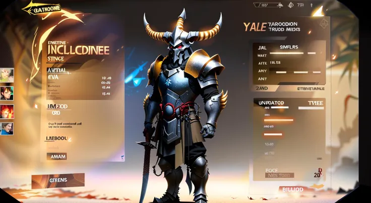 image shows a game ui interface,european and american style,colorful,bright,concise,simplicity,epic,hall level,fake screenshot, weapon, helmet, sword, armor, horns, full armor, holding weapon, horned helmet, holding, fake horns, holding sword, gauntlets, male focus, 1boy, solo, shoulder armor, pauldrons,a sense of heaviness,high brightness,game character display,career icon,set type,button,interface design,still life,game ui,official art,good geometric structure,well-structured,HD,2d,game interface,diablo style,border,framed,rounded corners,diagram,stats,letterboxed,