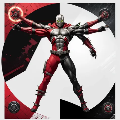 vitruvian2023, spawn2023, black suit, textured suit, muscular system, skeletal system, centred, red armor, spike armor, red cape, red boot,geometric circle, 4 arms, 4 legs, anatomy diagram, photorealistic