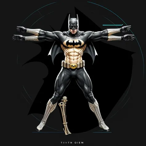 vitruvian2023, batman, black suit, textured suit, muscular system, skeletal system, centred, geometric circle, 4 arms, 4 legs, anatomy diagram, photorealistic