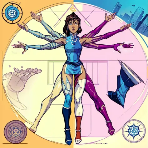 vitruvian2023, centred, geometric circle, 4 arms, 4 legs, anatomy diagram, comic book, 4 elements, 1girl, 5 fingers, the legend of korra, parchment, ink,