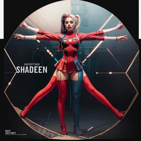 vitruvian2023, Margot Robbie as Harley Quinn, spideyadv2, centred, geometric circle, 4 arms, 4 legs, anatomy diagram, photorealistic, 1girl, 5 fingers, pigtails