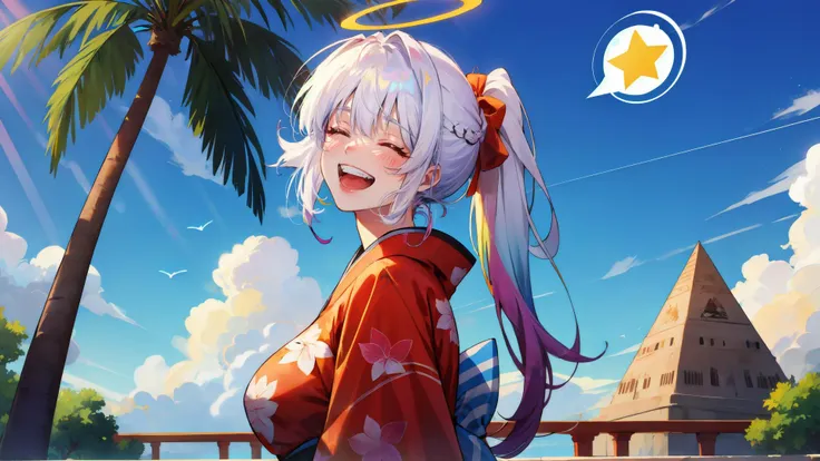 1girl, angel girl, ((black eyes)), blue pupils, halo , gradient, gradient background, hair between eyes, massive pyramid in distance, large breasts, long hair, looking at viewer, ponytail, palm tropical cloud sky painted background, kimono, smile, solo, spoken tree, sweater, white hair <lora:colorize:1.4> <lora:scfbp_v12:0.8> ((scfbp, solo, looking up at viewer))