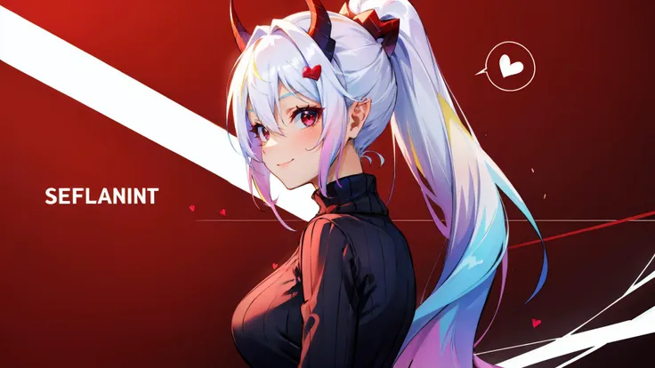 1girl, white lightning coming from horns, breasts, demon girl, ((black eyes)), red pupils, demon horns, gradient, gradient background, hair between eyes, heart, horns, large breasts, long hair, looking at viewer, ponytail, red background, red eyes, ribbed sweater, smile, solo, spoken heart, sweater, turtleneck, upper body, white hair <lora:colorize:1.4> <lora:scfbp_v12:0.8> ((scfbp, solo, looking back, looking at viewer))