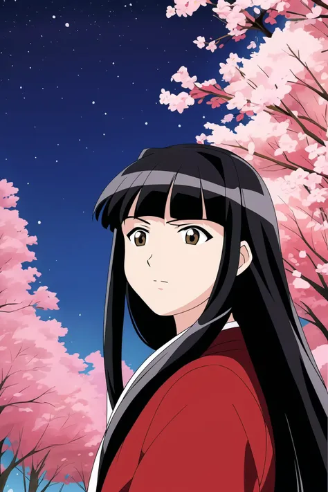 <lora:love-hina-motoko-aoyama:0.9> motoko aoyama wearing a red hoodie and looking to the side, sakura trees in background, at night with stars in the sky